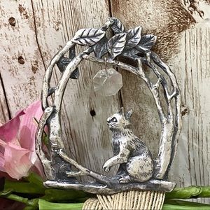 Vintage Pewter Cat catching Crystal Christmas Ornament